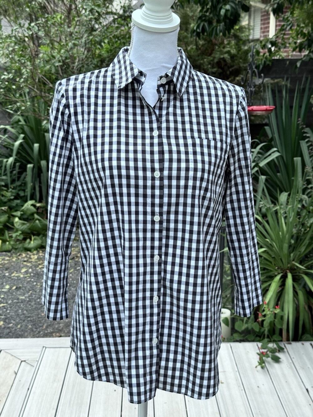 Lafayette 148 NY Women’s M Black White Gingham Check Button Front Stretch Shirt